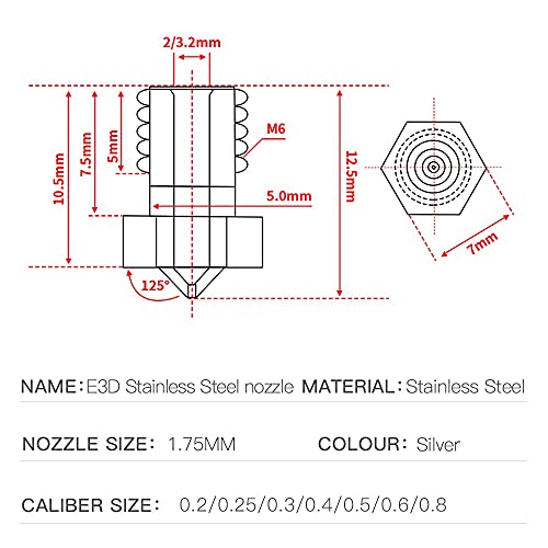 10pcs v5 v6 bico de aço inoxidável 0,2/0,25/0,3/0,4/0,5/0,6/0,8mm m6 rosqueado para 1,75 mm Filamento 3D Impressor de