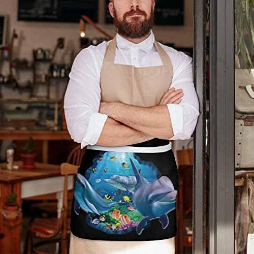 Logmor 3d Ocean Sea Dolphin Fish Caist Apron com 3 bolsos, avental de busto para mulheres e homem, servidor chef cozinhando garçom meia cintura