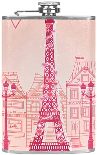 Balão de quadril para licor aço inoxidável à prova de vazamentos com funil 7,7 oz de couro grande ideia de presente de presente - Paris Eiffel Tower Sweetheart Pink Love