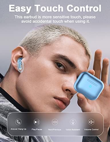 Fones de ouvido sem fio, Bluetooth 5.3 Botões de ouvido Touch Control com fones de ouvido de baixo de escritórios de microfone embutidos, fone de ouvido estéreo premium IPX6 fone de ouvido à prova d'água para esporte azul