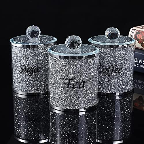 Conjunto de LMaray de 3 conjuntos de vidro de cristal artesanal e vasilhas de cozinha de café e chá com tampas, cheias de diamantes brilhantes de cristal, mantenha o brilho da cozinha, frascos de doces