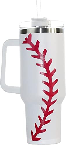 Linha de beisebol de 40 oz de Wonshia com alça, copo de aço inoxidável com tampa e palha, garrafa de água de caneca de caneca