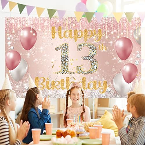 Banner de pano de fundo de 13º aniversário, ouro rosa rosa feliz 13º aniversário decoração para meninas pano de fundo, adolescente oficial de 13 anos