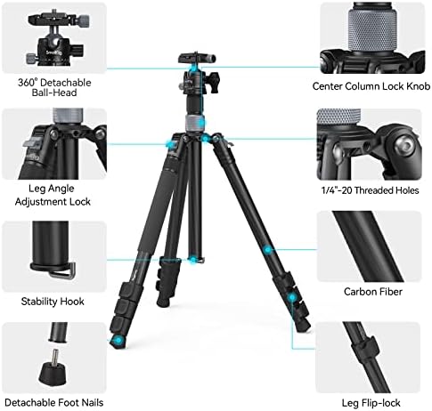 Tripé de fibra de carbono Smallrig 62.2 com coluna central, tripés leves e monopé destacável, cabeça de bola de 360 ​​°, placa de liberação rápida, carga de até 26,5 lbs/12 kg-4059