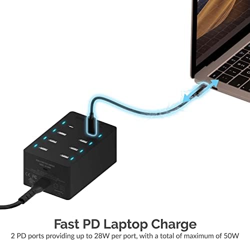 Sabrent 100 watts 8 portos carregador Rapid [UL certificado]-Inclui 2 PD + [6-Pack] Premium 6ft USB-C para USB A 2.0 Sync e Charge