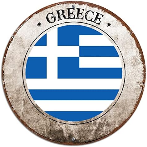 Grécia Bandeira da Grécia Sinal de alumínio de alumínio, decoração de parede patriótica da Grécia vintage, sinal de metal da bandeira nacional retro, placas de metal Grécia, círculo de 12 x 12 polegadas