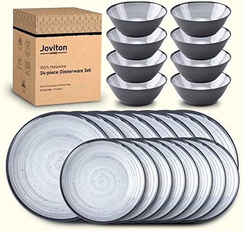 Joviton Home 24 peças Swirl cinza Melamine plástico conjuntos de utensílios de plástico para 8, placas e tigelas conjuntos