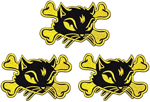 Kleenplus 3pcs. Crânio de gato amarelo e ossos cruzados Patch Halloween desenho animado crianças ferro de ferro