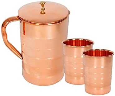 Conjunto de ratna de 9 projetos em relevo jarro de cobre 1500ml, com 6 copbler de vidro de cobre 300 ml e 2 garrafa de água de cobre 900ml Servware & Drinkware, Ayurveda