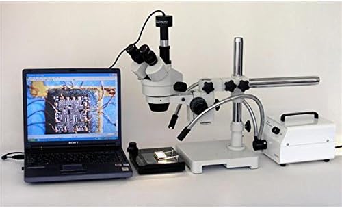 Microscópio de zoom de estéreo trinocular profissional SM-3Ty SM-3TY, oculares wh10x, ampliação 7x-90x, objetivo do zoom de 0,7x-4,5x, iluminação ambiente, suporte de lança de braço único, inclui lente de barlow 2.0x Barlow