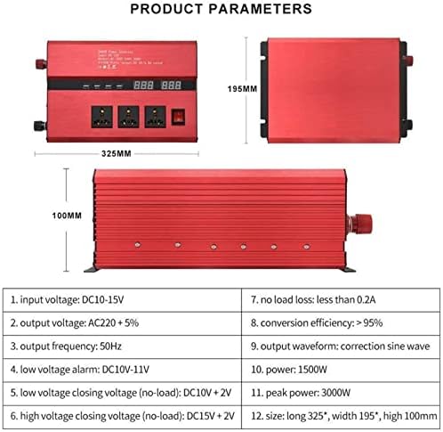 Inversor de potência 3000W, inversor de onda senoidal pura DC 12V/24V a CA 110V/220V/230V Transformador de tensão, com 3 soquetes