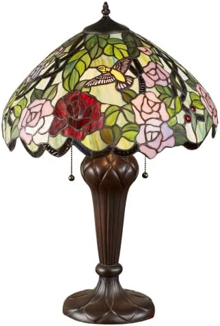 Touch of Class Roses Hummingbird Stilay Glass Table Lamp - Tiffany Style - Art Nouveau inspirado - rosa, verde, tema floral para cabeceira, mesa de escritório, quarto, sala de estar