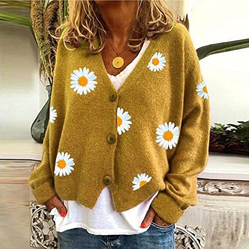 Daisy feminina estampa floral malha suéter de manga longa V Botão de pescoço para baixo Cardigan Open Bront Coat 90s Outerwear Tops