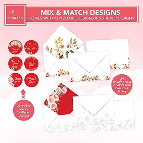 24 CARTOS DE Agradecemos a Red com envelopes - 6x4in ​​Floral Agradecemos cartões com envelopes, cartões de agradecimento vermelho,