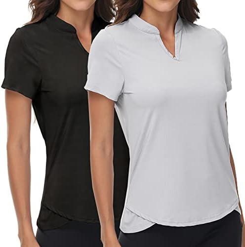 Dotin Women's 2 Pack de 2 pacote em V camisas de pólo de golfe de golfe curta Tops de treping sem gola de colarinho de gola rápida