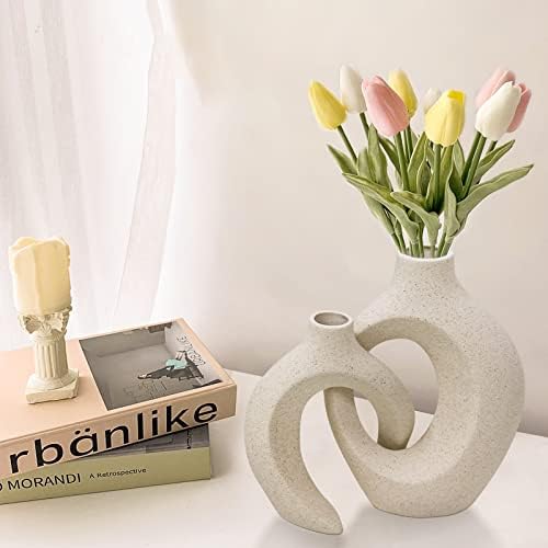 Vaso de cerâmica branca de gamcadp Conjunto de 2 para decoração moderna da casa, vasos de flores redondos de pampas