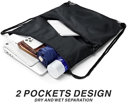 Mochila Airbuyw Drawstring, 210d Nylon Dobrável Ginásio Esportes Drawstring Bag Pack Pack Sack W Bolso lateral do zíper para homens Mulheres pretas