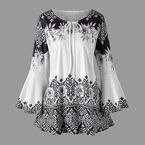 Mulher camiseta manga de sino boho plufle impressão camiseta de plus size size calça de punho de pegada de punho de punho