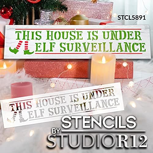 Casa sob estêncil de vigilância de elfos por Studior12 | Decoração de casa de férias de Natal DIY | Craft & Paint Wood Sign | Modelo Mylar reutilizável | Selecione o tamanho