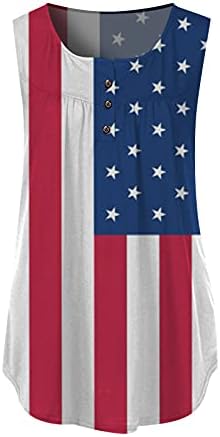 Bandeira americana feminina Tops sem mangas Henley camisas quadradas pescoço plissado tampa plissada plissada esvoair blusas de