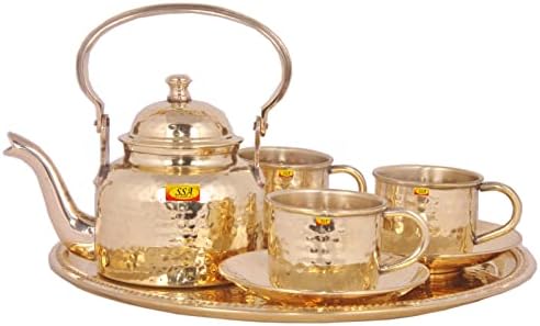 Bandeja redonda de latão pura shakti Arts® shakti com 1 chaleira de latão com 3 xícara de latão e pires | Conjunto de chá de chá