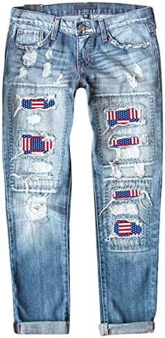Flying Monkey Tops Jeans de Jeans Independência Impressão Rapped Ripped calça jeans para mulheres elásticas