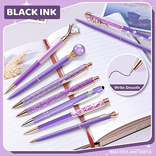 Conjunto de canetas roxas de 9pcs de Airevesket, caneta de caneta de diamante de cristal de metal, esferográfica de tinta preta.