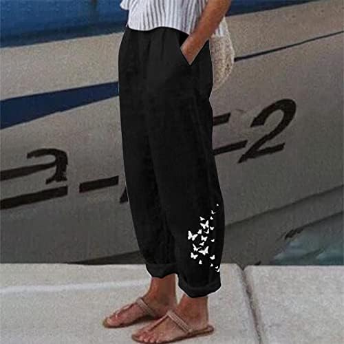 Calças de linho dsodan para mulheres, praia leve calça de moda de moda de borboleta larga de pernas largas com bolsos