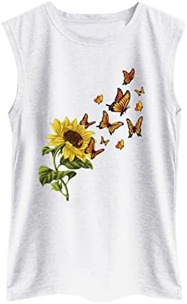 Camisa de girassol nas borboletas mulheres sem mangas camisetas de pescoço redondo de verão