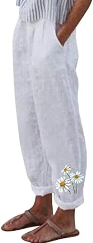 Calça de linho de algodão calças de verão casuais de verão com bolsos de cintura alta calças de harém vintage harém vintage