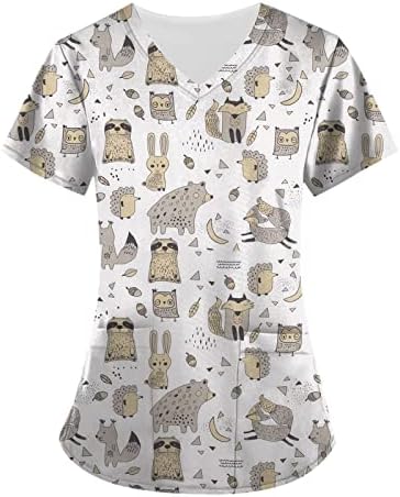 Scrubs for Women, Kawaii tops com estampa de animais camisetas cães cães gráficos com moletom de bolso v pescoço