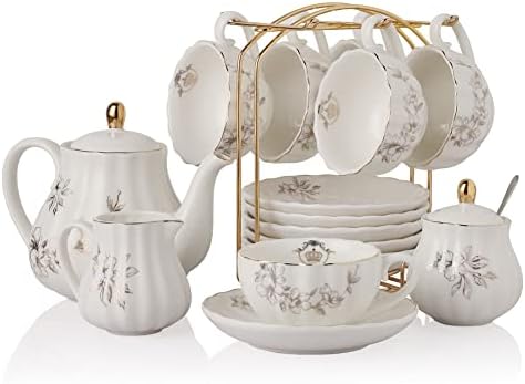 Conjuntos de chá de porcelana British Royal Series, 8 onças de xícaras e pires para 6, com bule de chá de beliscão de bule de açúcar