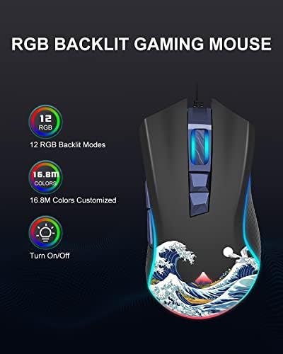 Mouse de jogos com fio Costom XVX G705, mouse de jogos para PC de retroilumação RGB com botões programáveis ​​ajustáveis ​​de 12000dpi/7, mouse USB de computador para gamer para laptop Windows mac, Great Wave Off Kanagawa