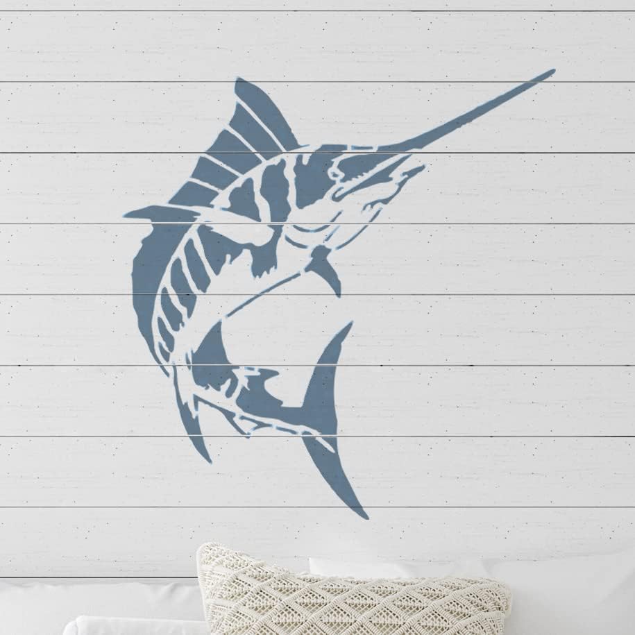 Estêncil de arte da parede do peixe -espada | Estêncil de pintura grande da criatura do mar | D.i.y Decoração de casa