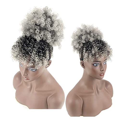 Grey Afro Puff Drawstring Ponytail com gorjeta de sal e pimenta para mulheres Afro High Puff Bun com franja Afro Afro