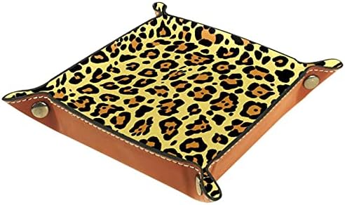 Bandeja de manobrista de couro, bandeja de dados suporte quadrado dobrável, placa organizadora de cômoda para trocar a chave da moeda, impressão de leopardo amarelo moderno
