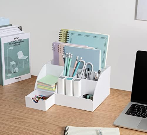 Organizador da mesa do escritório, acrílico branco, com gaveta, 9 compartimentos, todos em um material de escritório e acessórios de mesa legal organizador, porta -caneta, aprimore o seu organizador de desktop de decoração de escritório