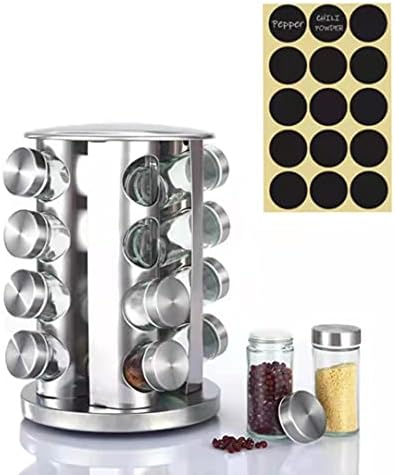 Shijunhe Rack de especiarias giradas com 16 frascos, aço inoxidável e potes de vidro resistentes a quebra para casa e cozinha。