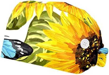 Borboleta colorida e boné de trabalho de flores com botões e banda de suor Amarta ajustável Back Bouffant Hats for Mulher Men