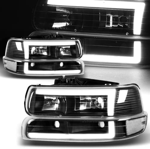 HK5 Habitação preta Lente clara DRL LED FARECLEMENTO + LUZ DE BUMPER 4PCS Compatível com 2000 - 2006 Chevrolet Suburban e compatível