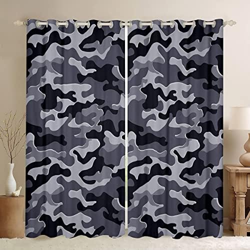 Feelyou Black Grey Camouflage Cortinas cortinas de janela de camuflagem para crianças meninos meninos estilo militar Tratamentos de janela Microfibra macia 30% -50% Cortina de blecaute 38W x 54L, 2 painéis