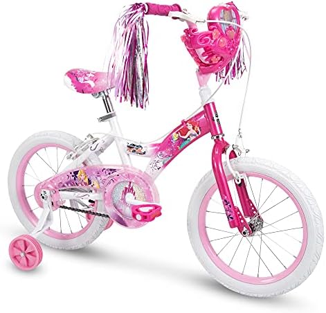 Bicicleta infantil de princesa da Disney Huffy, 12 polegadas e 16 polegadas, montagem de conexão rápida e montagem regular, rosa