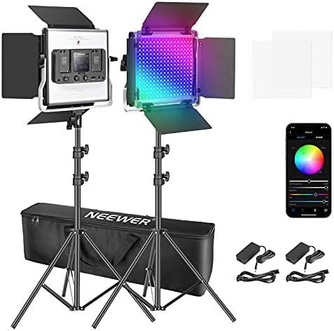Neewer 2 pacotes 530 RGB LED LUZ com controle de aplicativos, kit de iluminação de vídeo com fotografia com estandes e bolsa, 528 LEDs SMD CRI95/3200K- 5600K/BLILHO