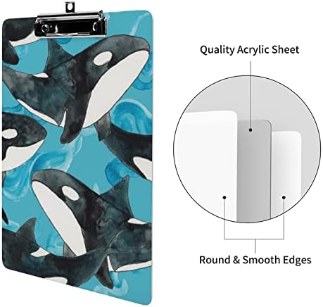 Aquarela Orcas acrílico tábua de clipe de tamanho de letra com clipe de metal de baixo perfil e gancho de suspensão