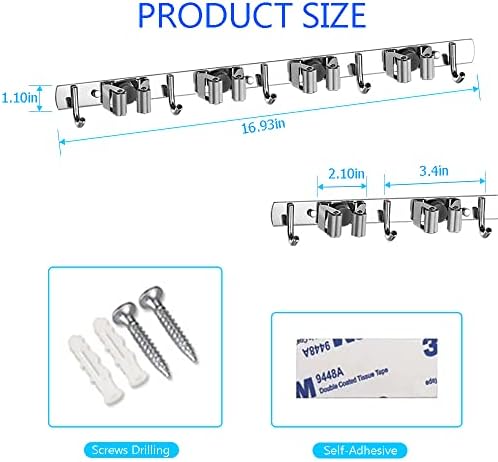 Montagem da parede do portador de mop e vassoura, armazenamento de ferramentas de organizador de vassouras, 4 racks 5 ganchos