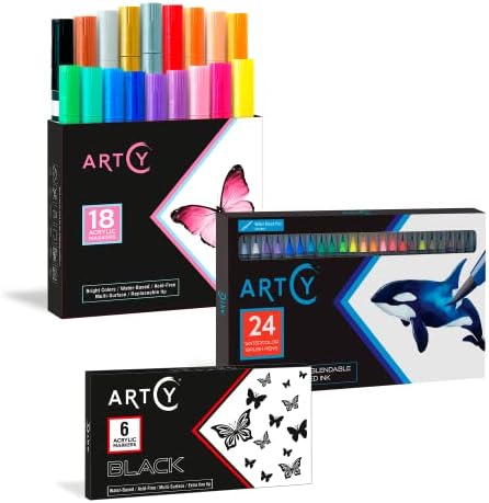 Artcy 6 marcadores de tinta acrílica preta de ponta extra, 18 canetas de tinta acrílica ponta Med e 24 canetas de pincel