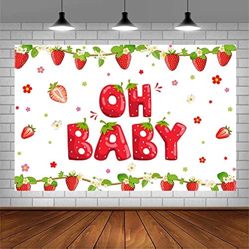 Aibiin 7x5ft Strawberry Baby Shower Party Beddrop Decoração para Berry Sweet Girl Oh Baby Rosa Folhas Verde Flores