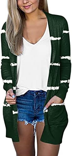 Cardigãs longos para mulheres, Womens Casual listrado leve manga longa de manga longa Cardigans frontal suéter