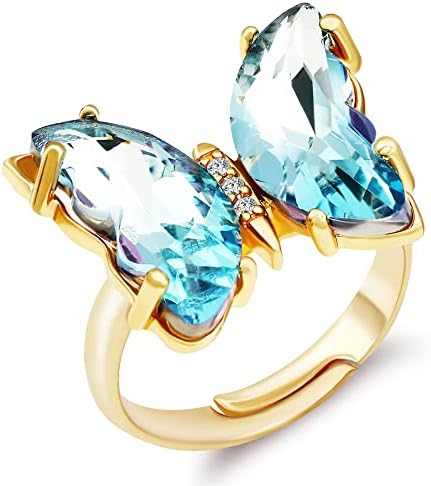 Senhorita anel de cristal de borboleta direita para mulheres meninas: 14K Gold banhado a vintage boho anéis ajustáveis