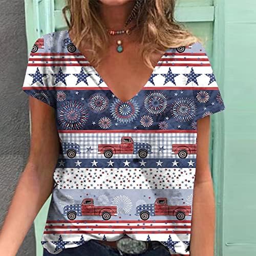 Camisa de bandeira americana feminina Casual Fouth de julho Impressão de manga curta V camisetas de pescoço de pescoço de verão Tops patrióticos soltos